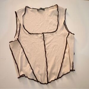 SHEIN Cream Ribbed Tank Top with Dark Brown Contrast Trim